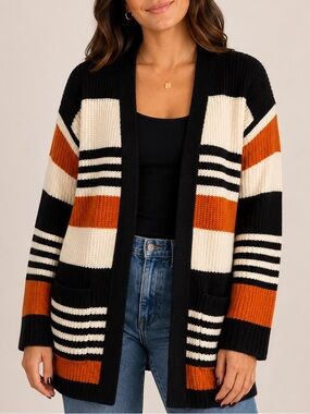 Striped Open-Front Cardigan Sweater in Black, Cream & Rust